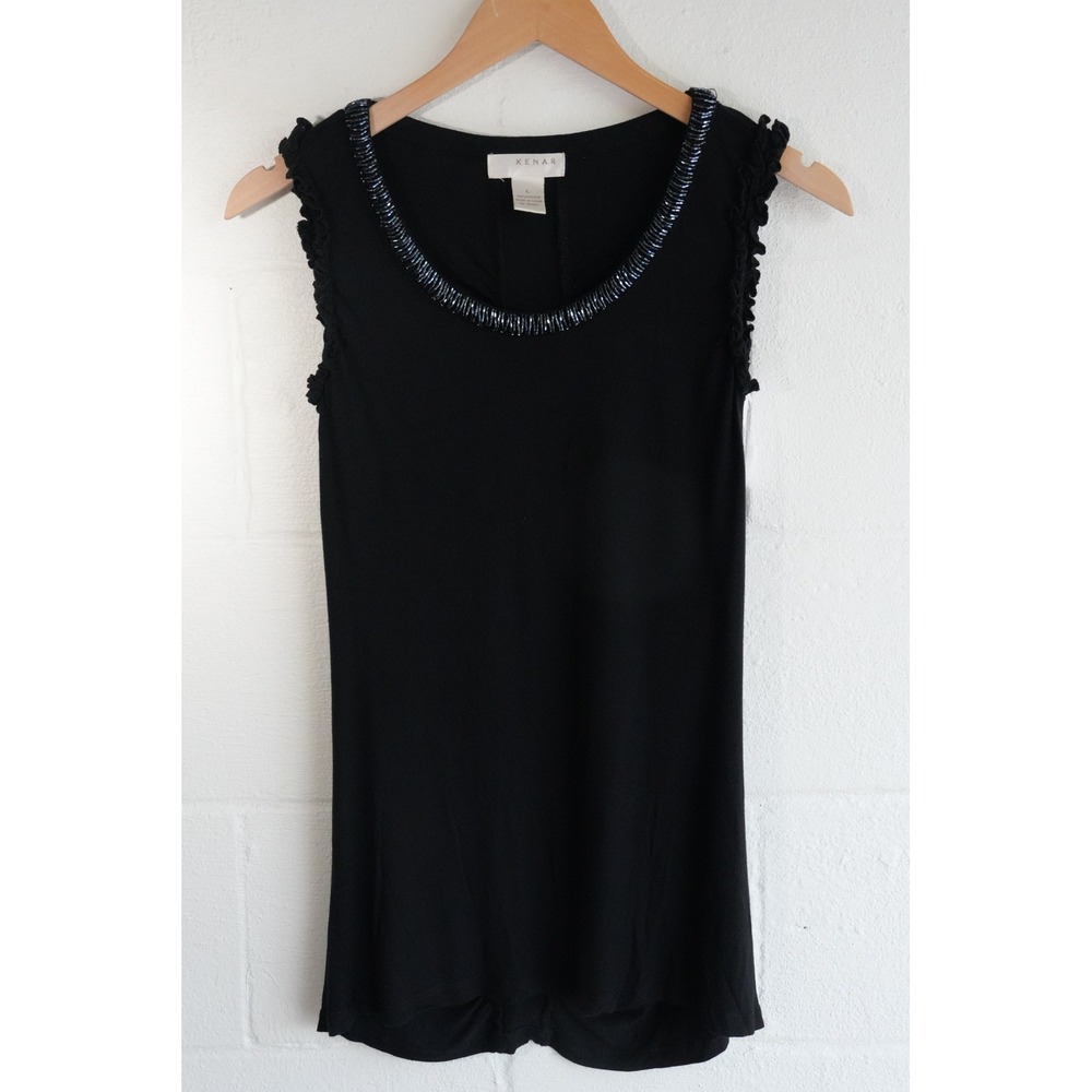 Kenar Tank Top Women Large Black Beaded Neck Ruffle‎ Sleeve Viscose Ruching